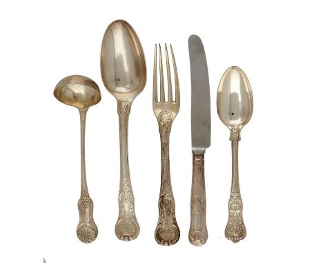 A SET OF SIX GEORGE III SILVER TABLESPOONS AND FORKS, KING'S HONEYSUCKLE VARIANT PATTERN, CRESTED, BY ELEY &amp; FEARN, LONDO