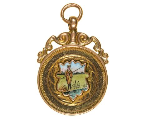 A 9CT GOLD AND ENAMEL ANGLING PRIZE FOB SHIELD MEDALLION, 25MM DIAM, BY W W CASHMORE, BIRMINGHAM 1921 6.1G  Good condition, e