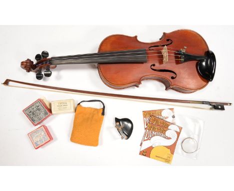 A GERMAN VIOLIN, GUARNERIUS LABEL, LENGTH OF BACK 36CM AND A BRAZILWOOD BOW OCTAGONAL STICK, MARKED SWISS MADE, 61.6G  Violin