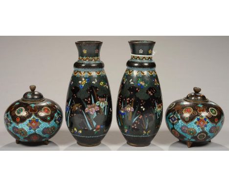 A PAIR OF JAPANESE CLOISONNE ENAMEL (GINBARI), GLOBULAR VASES AND COVERS AND ANOTHER CONTEMPORARY PAIR OF JAPANESE CLOISONNE 