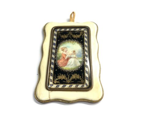 Antique miniature enamel painted plaque panel on ivory measures frame approx 10cm by 6.3cm 