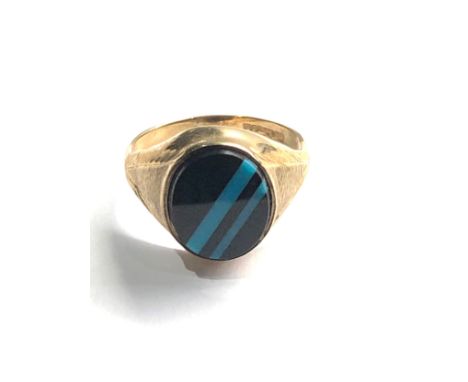 9ct gold vintage onyx &amp; turquoise stripes signet ring (2.2g) 