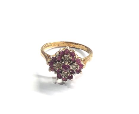 9ct gold vintage ruby &amp; diamond cluster ring (3g) 