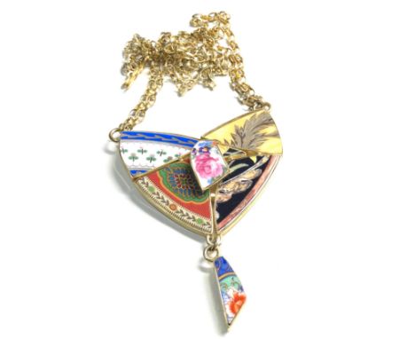 Large designer silver with enamel porcelain panels pendant the pendant measures approx 8cm wide 10cm drop hallmarks to clasp 