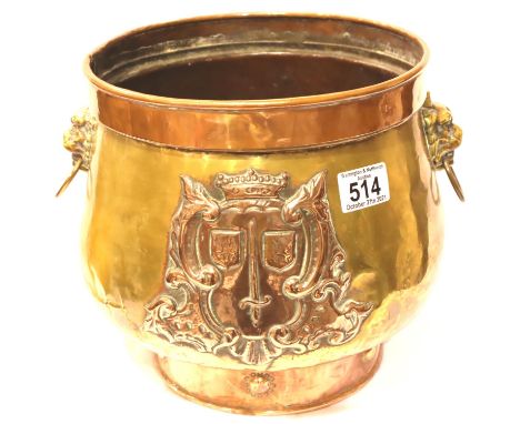 Arts and Crafts twin handled copper and brass coal bucket with crest. P&amp;P Group 3 (£25+VAT for the first lot and £5+VAT f
