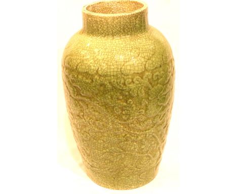 19th century Chinese Celadon glazed baluster vase, designed in relief with craquelure, H: 29 cm, no cracks, chips or visible 
