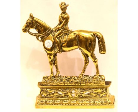 Brass horse and rider doorstop, H: 26 cm. P&amp;P Group 2 (£18+VAT for the first lot and £3+VAT for subsequent lots) 