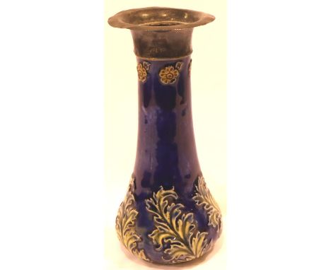Royal Doulton glazed stoneware bottle vase with Chester hallmarked silver collar, H: 16 cm. Silver misshapen otherwise no cra