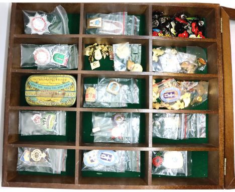 Wooden sectional case with various metal badges (125). P&amp;P Group 2 (£18+VAT for the first lot and £3+VAT for subsequent l