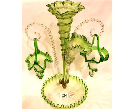 An Edwardian coloured glass epergne having two hanging baskets and two trumpet vases, overall H: 44 cm. Not available for in-