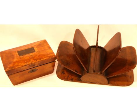 19th century walnut miniature casket of Sarcophagus form, 105 x 70 x 60 mm H, together with a mahogany letter rack, L: 17 cm.