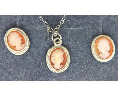 Silver mounted cameo necklace and earring set. P&amp;P Group 1 (£14+VAT for the first lot and £1+VAT for subsequent lots) 