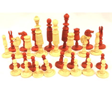 19th century complete turned bone/ivory chess set of white and stained red. King H: 65 mm. P&amp;P Group 2 (£18+VAT for the f