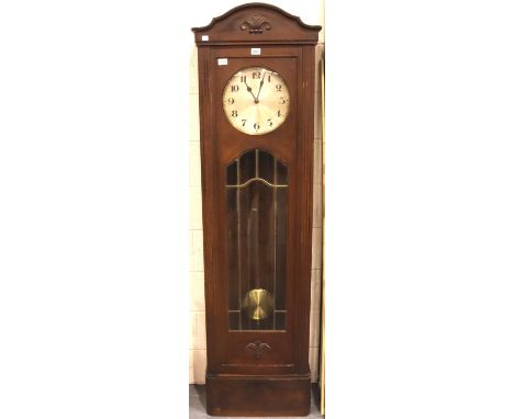 An early 20th century German oak longcase clock, H: 197 cm, not working at lotting. Not available for in-house P&amp;P, conta