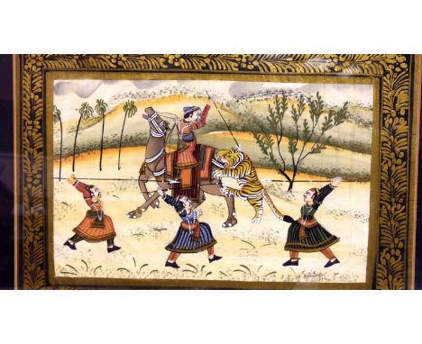 Framed Indian Mughal painting of a tiger hunt, 25 x 18 cm. P&amp;P Group 3 (£25+VAT for the first lot and £5+VAT for subseque