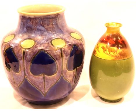 Royal Doulton Art Nouveau glazed stoneware vase, H: 17 cm with a further Doulton painted vase. Some amateur restoration visib