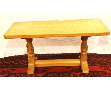 Robert Mouseman Thompson; 1970s carved coffee table with plannished top, 91 X 39. Not available for in-house P&amp;P, contact