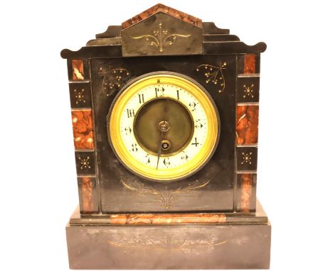 A Victorian slate and marble cased mantel clock with enamelled chapter ring, H: 30 cm. Not working at lotting. P&amp;P Group 
