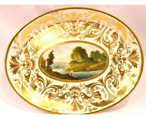 An early Denby oval cabinet plate with painted panel, In Cumberland, inscribed and with paper label to verso 19 x 15 cm. Ligh