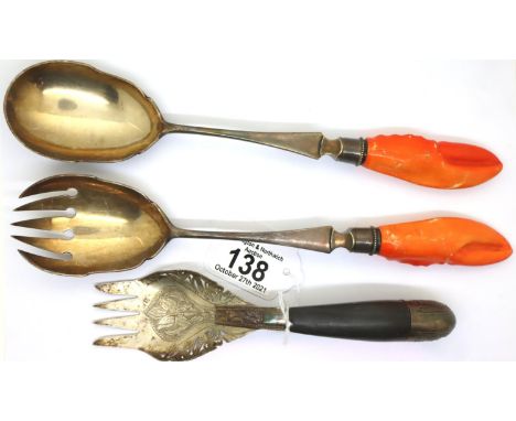 Silver plated clawed fish servers and a further white metal example. P&amp;P Group 1 (£14+VAT for the first lot and £1+VAT fo