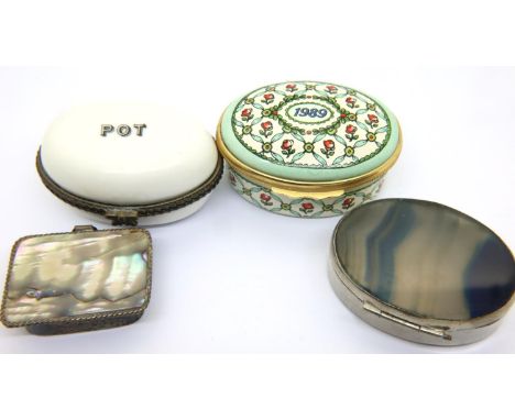 Halcyon days 1989 enamelled pill box, and three further pill boxes including a 925 silver example. P&amp;P Group 2 (£18+VAT f