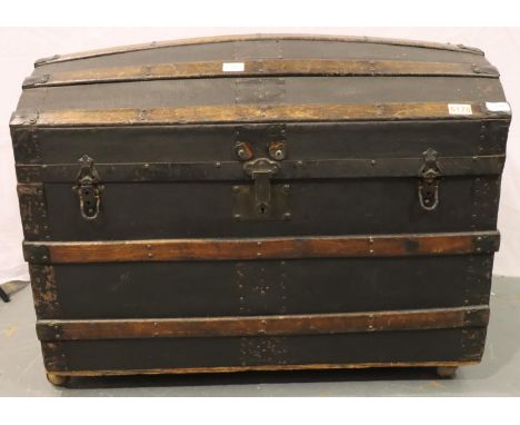 19th century dome top travel trunk, later raised on castors, 91 x 52 x 70 cm H. Not available for in-house P&amp;P, contact P