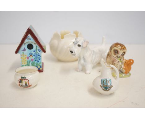 Adderley model of a dog, Belleek bowl, 2x W H Goss pieces, Royal Doulton house &amp; Royal Albert Old Mr Brown 