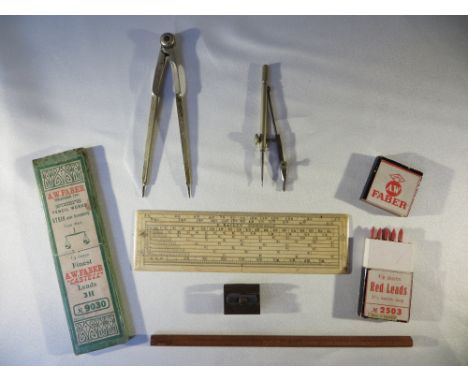 1x Ivory measuring tool (1930's); 2x compasses with 2x packs of original lead; 1x unused Royal Sovereign pencil and 1x Hardmu