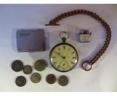 Pocket watch in a silver case (London 1879), a/f; a copper fob chain; a miniature lighter with an Irish theme; a stamp holder