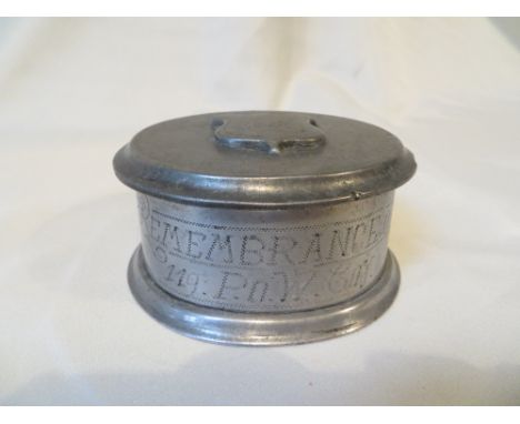 Pewter trinket box (trench art). Engraved with "Remembrance of the 119 P.O.W. Coy - FRANCE". 