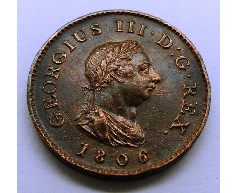 1806 George III farthing, no K variant. P&amp;P Group 0 (£5+VAT for the first lot and £1+VAT for subsequent lots) 