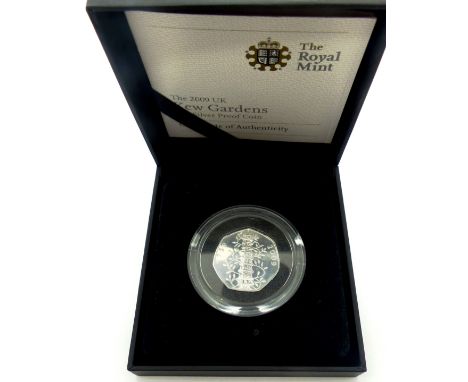 Royal Mint 2009 UK Kew Gardens fifty pence silver proof coin, limited edition of 7500, encapsulated, in inner and outer prese