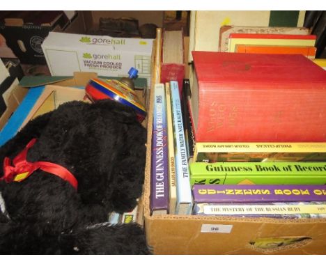 A tray of vintage books to include Who's Who 1958 together with a box of vintage toys to include a Chad Valley humming top (2