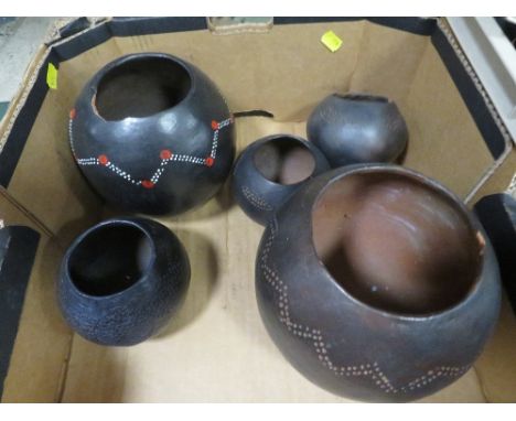 Five South African Zulu tribal art beer container pots - some with painted &amp; incised decoration 