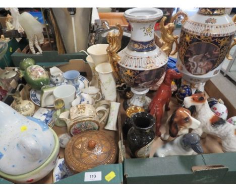 Two trays of assorted ceramics to include Melba Ware dogs, Wedgwood jasperware etc - many items with damages
