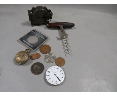 A quantity of collectables, corkscrew, compass, sovereign case etc