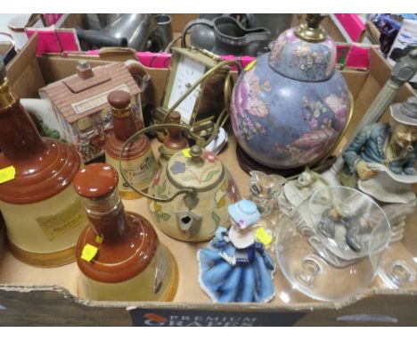 A small tray of collectables to include empty Bells decanters, Murano glass owl candlestick holder with original label etc