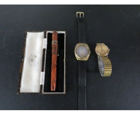 A cased Waterman fountain pen together with a Rotary wristwatch and a Ogival wristwatch 
