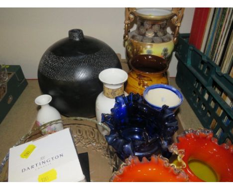 A tray of assorted ceramics and glass to include a Noritake twin handled vase etc 