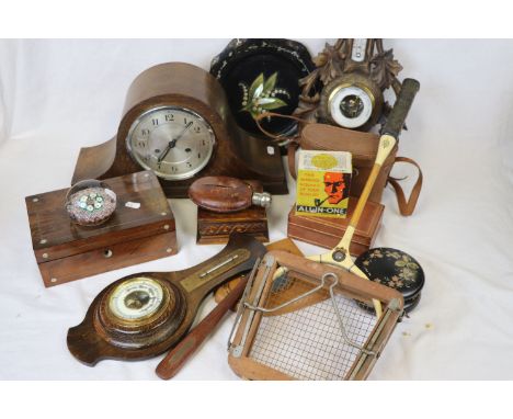 Box of mixed collectables to include a carved wooden Box, Mantle Clock, Tennis Racquet