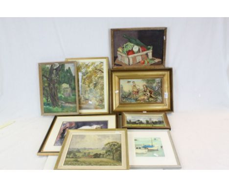 Gilt Framed Ceramic Wall Plaque of 18th century Country Folk together with a Collection of Seven Framed and Glazed Watercolou