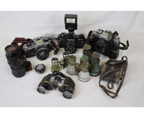 Nikon FG-20 Camera, Praktica 1600A Camera, Minolta XG-M Camera plus another Camera and Four Sets of Binoculars