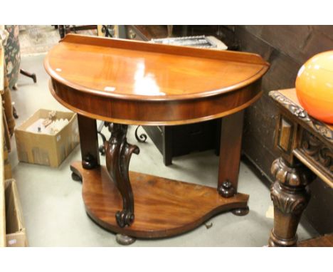 Victorian Mahogany Demi-Lune Side Table with Scroll Carved Front Leg and Shelf Below