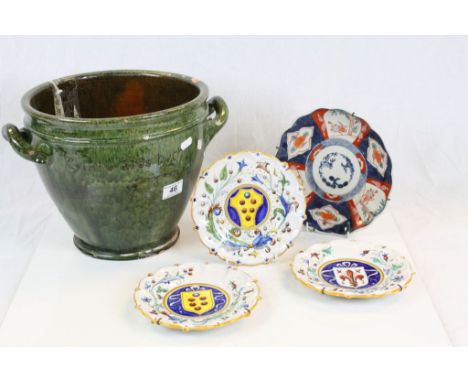 Twin handled Ewenny Pottery planter 1901 with Welsh inscription, three French plates and an Oriental example