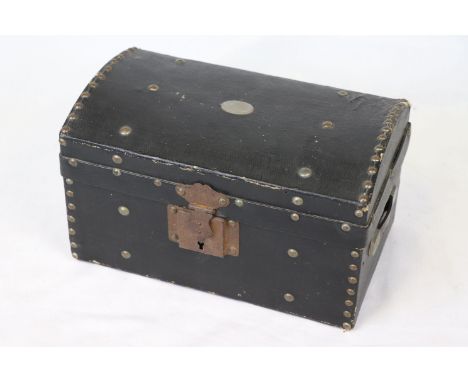 Doll sized fabric covered Wooden travel Trunk with metal lock and studding