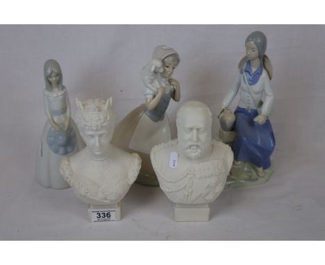 Pair of Parian ware style busts of King Edward VII & Queen Alexandra & three Spanish figurines to include Nao