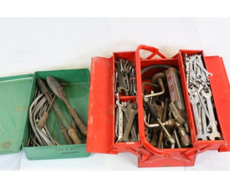 Red Metal Concertina Tool Box with Tools and a Hitachi Case with Soldering Irons