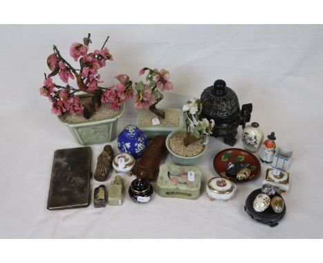 Three glass and ceramic oriental floral trees, a carved hardstone censor (af) pietra dura carved hardstone trinket box, small