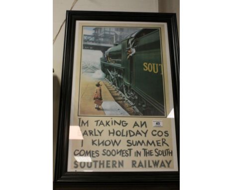 Framed and Glazed National Museum Railway Poster ' I'm taking an Early Holiday cos I know Summer come soonest in the South So