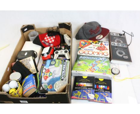 Large box of assorted items including binoculars, compass, toys etc.